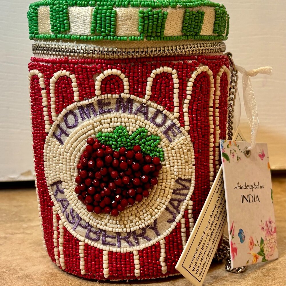 Handcrafted In India Beaded Homemade Raspberry Jam Crossbody Bag NWT Jar Purse